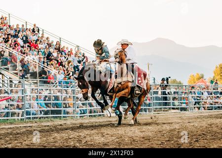 Two cowboys and horses at county fair rodeo Stock Photo