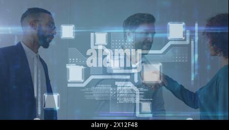 Image of data processing and integrated circuit over diverse businesspeople talking Stock Photo