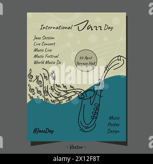 Music poster, international jazz day, world music day with saxophone line art typography design. Stock Vector