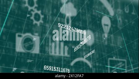 Multiple changing numbers and data processing against multiple digital icons on green background Stock Photo