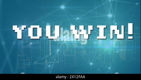 Image of you win over metaverse city and green background Stock Photo