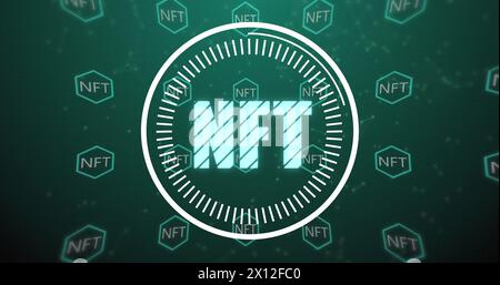 Image of nft text over scope scanning on green background Stock Photo