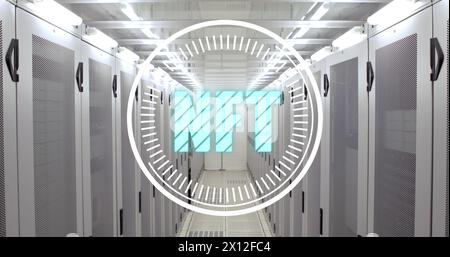 Image of nft text over scope scanning and server room Stock Photo