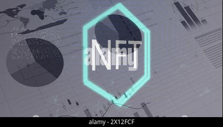 Image of nft text over financial data processing on white background Stock Photo