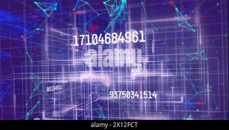 Multiple changing numbers against plexus networks and light trails against blue background Stock Photo