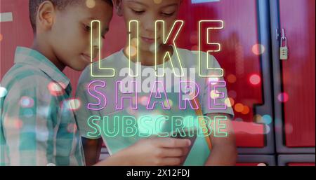 Image of like share subscribe text over african american siblings using smartphone Stock Photo
