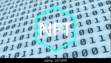 Image of nft text over binary coding on white background Stock Photo
