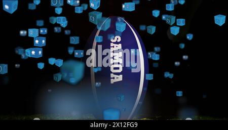 Image of media icons over rugby ball with samoa text on black background Stock Photo