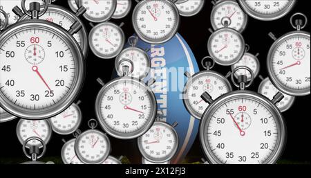 Image of timer icons over rugby ball with argentina text on black background Stock Photo