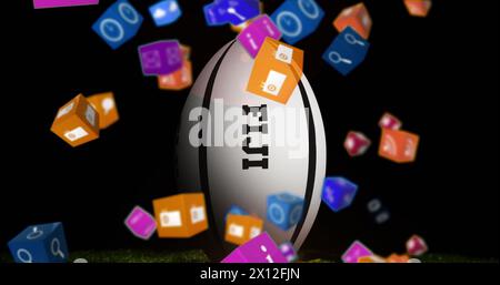 Image of media icons over rugby ball with fiji text on black background Stock Photo