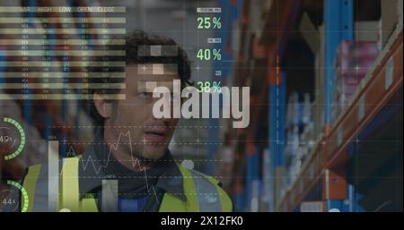 Image of financial graphs over caucasian male warehouse worker Stock Photo