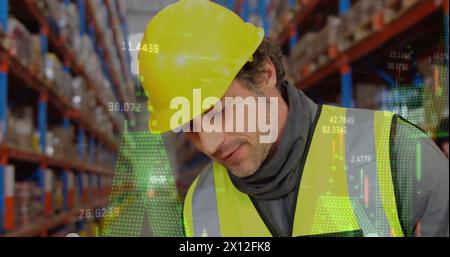 Image of data processing over man working in warehouse Stock Photo