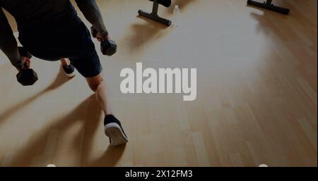 Image of graphs and financial data over midsection of caucasian man exercising with weights Stock Photo