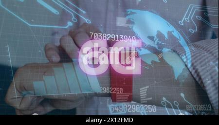 Image of data processing and 6g text over caucasian woman with smartwatch Stock Photo