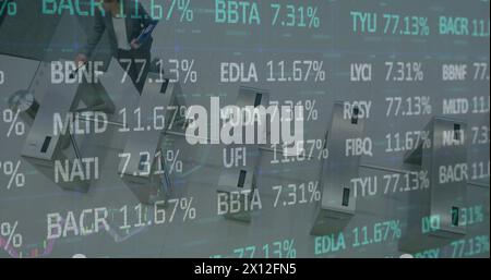 Image of statistics and data processing over businesswoman Stock Photo