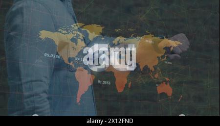 Image of 6g and world map over hands of caucasian businessman checking smartwatch Stock Photo