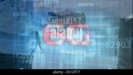 Image of 6g and numbers over businessmen shaking hands Stock Photo