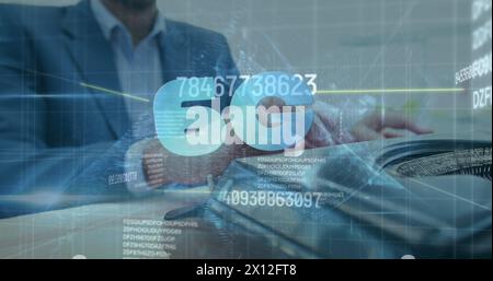 Image of 6g and digital padlock over hands of caucasian businessman using laptop Stock Photo