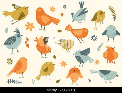 Set of isolated cute animals and birds in folk flat style on a white ...