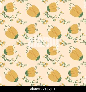 Yellow flowers with leaves seamless pattern. Floral endless background. Vector flat hand drawn illustration. Stock Vector