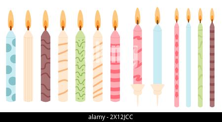 Burning birthday cake candles isolated on white background. Various ornament holiday event elements. Vector hand drawn flat illustration. Stock Vector