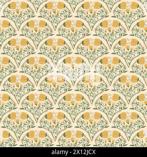 Decorative wildflowers art nouveau style seamless pattern. Floral retro endless background. Flower and foliage vintage loop tiled medallion ornament. Stock Vector