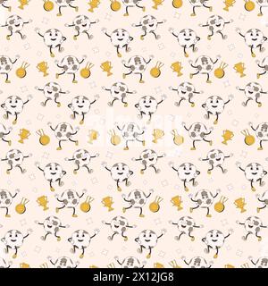 Soccer balls character seamless pattern. Football retro cartoon endless background. Groovy mascot repeat cover. Sport championship loop ornament. Vect Stock Vector