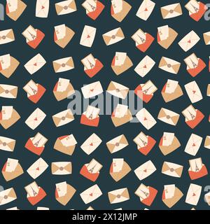 Envelope with card from France seamless pattern. Eiffel tower letter and memory endless background. Paris repeat ornament. Vector flat illustration. Stock Vector