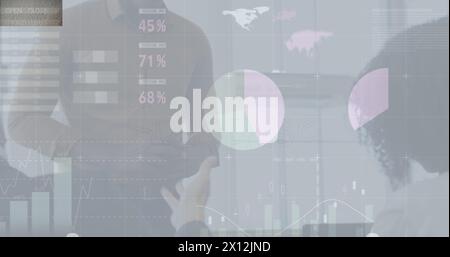 Image of data processing over diverse business people talking Stock Photo