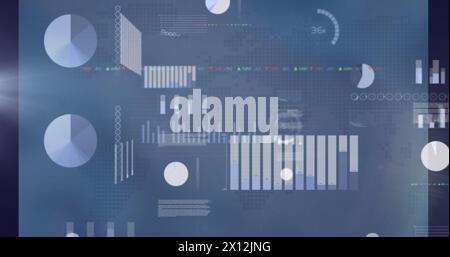 Image of multiple graphs, multicolored trading board and database over abstract background Stock Photo