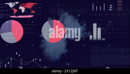 Image of multicolored infographic interface over smoke against blue background Stock Photo