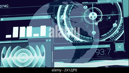 Image of data processing over globe on black background Stock Photo