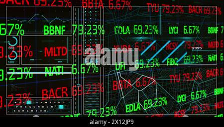 Image of trading board, graph, loading circles and navigation pattern over black background Stock Photo