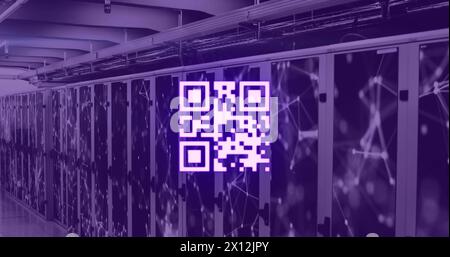 Image of qr code over violet server room Stock Photo