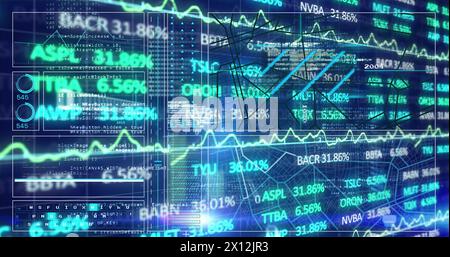 Image of graphs, trading board, binary codes, programming language over navigation pattern Stock Photo