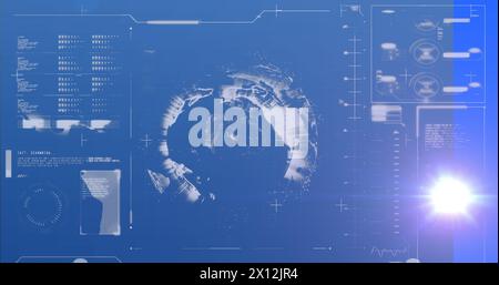 Image of light trails and data processing with globe over blue background Stock Photo