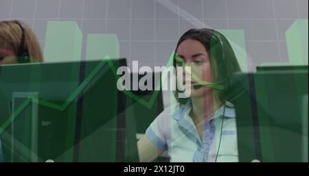 Image of multiple graphs over beautiful caucasian woman talking over headphones at office Stock Photo
