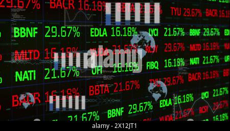 Image of globes, multiple graphs and database over trading board against black background Stock Photo