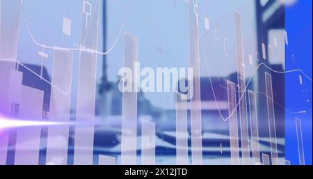 Image of light trails and data processing over office Stock Photo