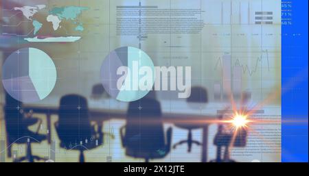 The image shows blue business statistics moving towards the left against a green screen Stock Photo