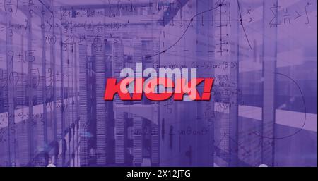 Image of kick text banner and mathematical equations against light trails over server room Stock Photo
