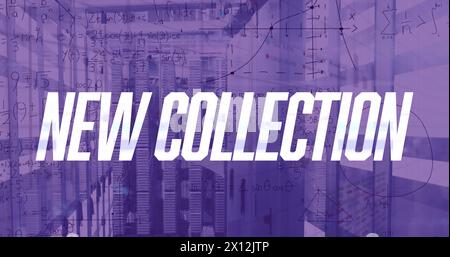 Image of new collection text with mathematical equations and data processing over server room Stock Photo