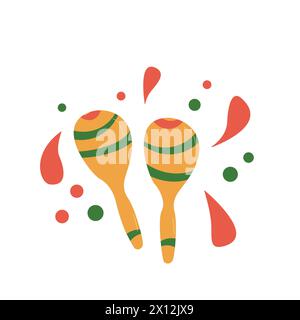 Maracas. Mexican musical tools. Vector flat hand drawn illustration isolated on white background. Stock Vector