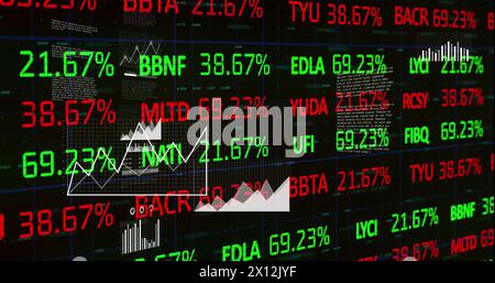 Image of trading board over multiple graph, database, numbers against black background Stock Photo