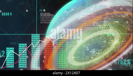 Image of graphs, data, numbers and globe on black background Stock Photo