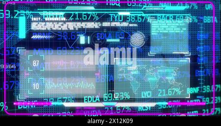 Image of countdown in viewfinder, soundwaves, database, bar graph, globe over trading board Stock Photo