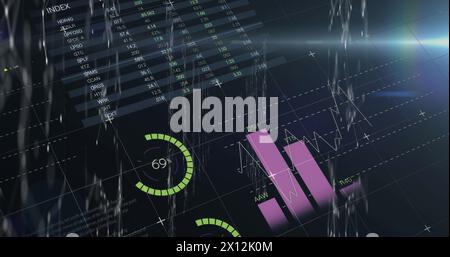 Image of multicolored infographic interface moving against black background Stock Photo