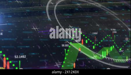 Image of glitch, processing circle and financial graphs and data on black background Stock Photo
