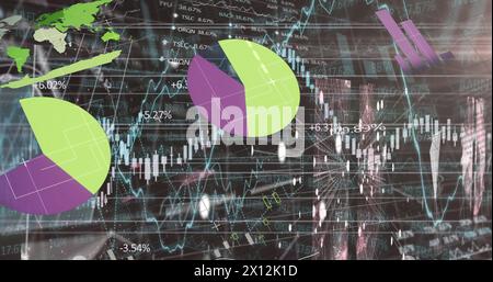 Image of multicolored infographic interface, connected dots moving on abstract background Stock Photo