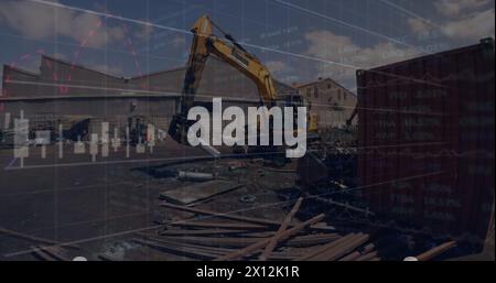 Image of financial graphs and data over junkyard Stock Photo